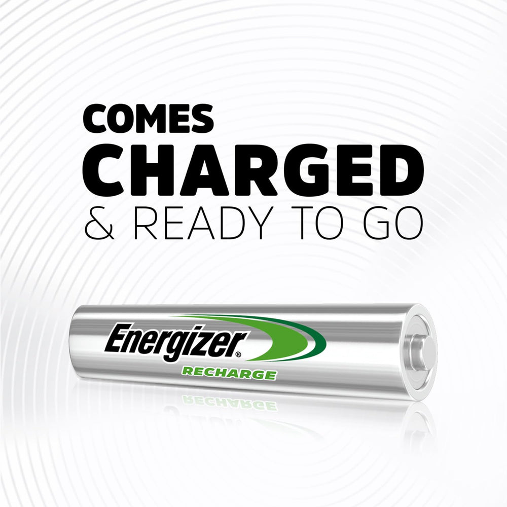 Energizer AAA placed beside charger demonstrating rechargeability