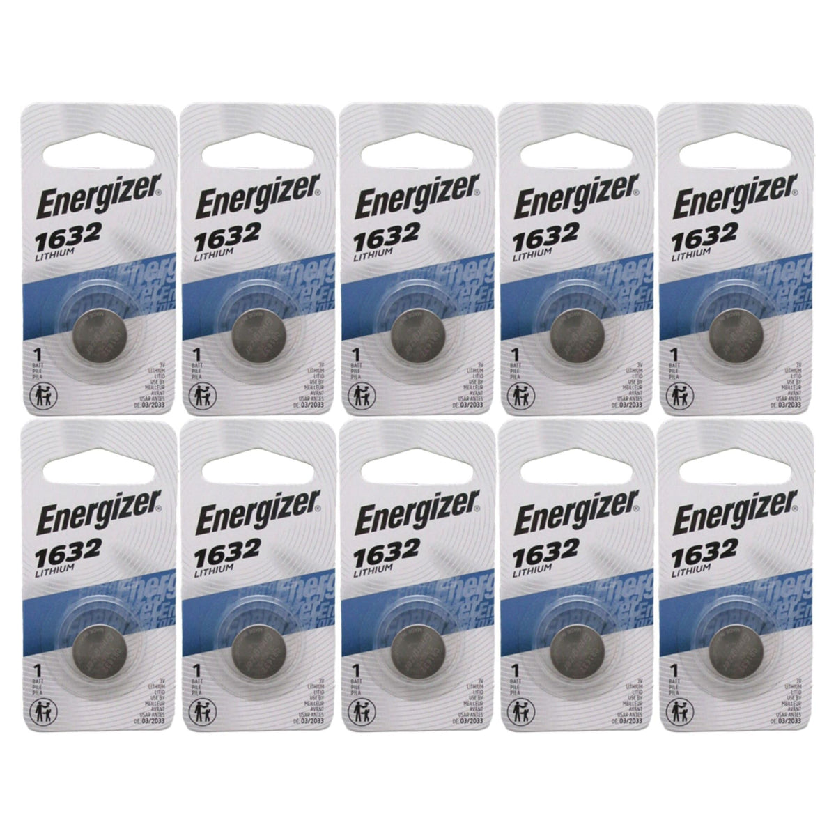 Energizer CR1632 frontal del empaque mostrando 10 pilas y facilidad de almacenamiento