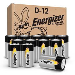 Energizer pack front view showing 12 D batteries for reliable household power