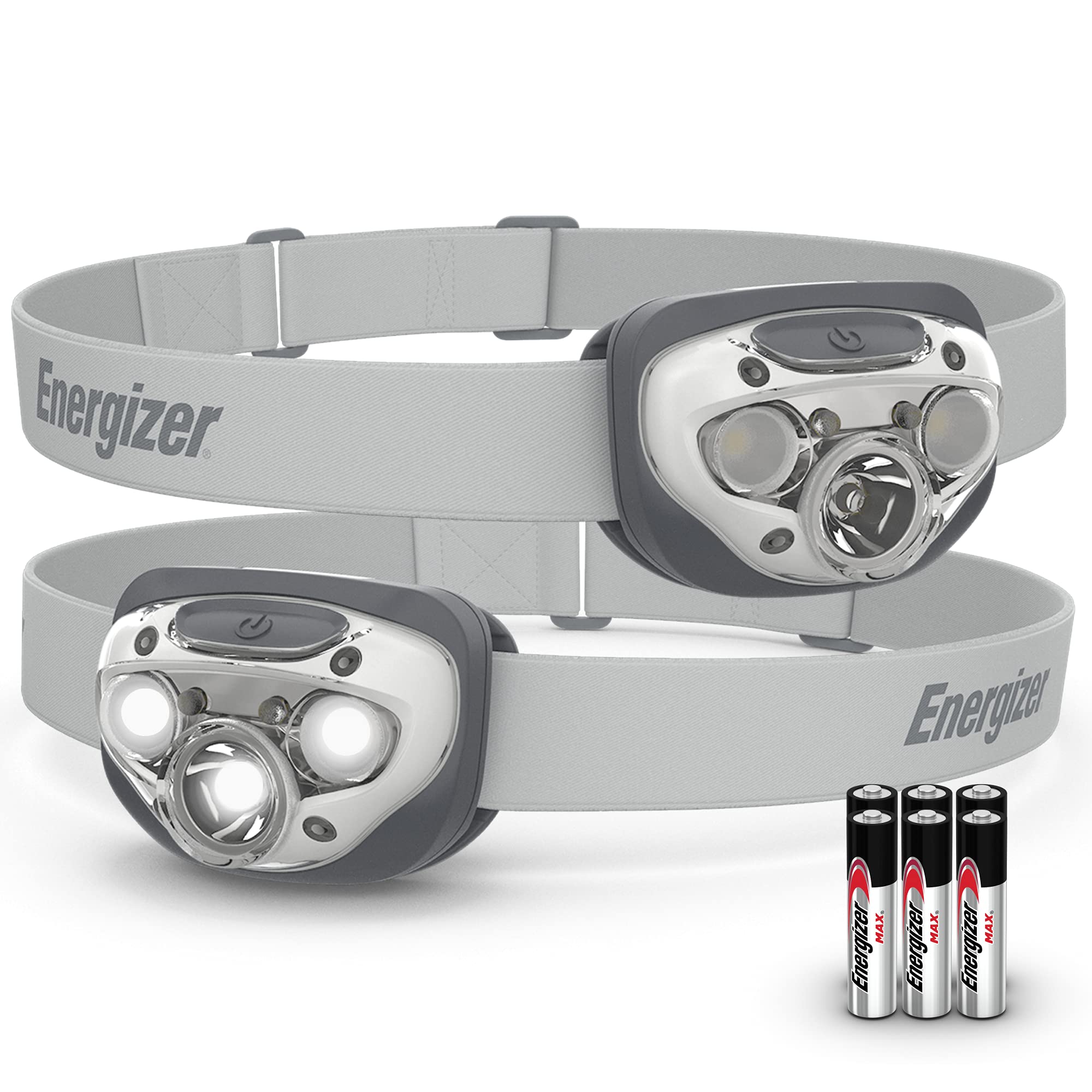Energizer linterna frontal paquete frontal mostrando las dos unidades y beneficio de disponibilidad doble