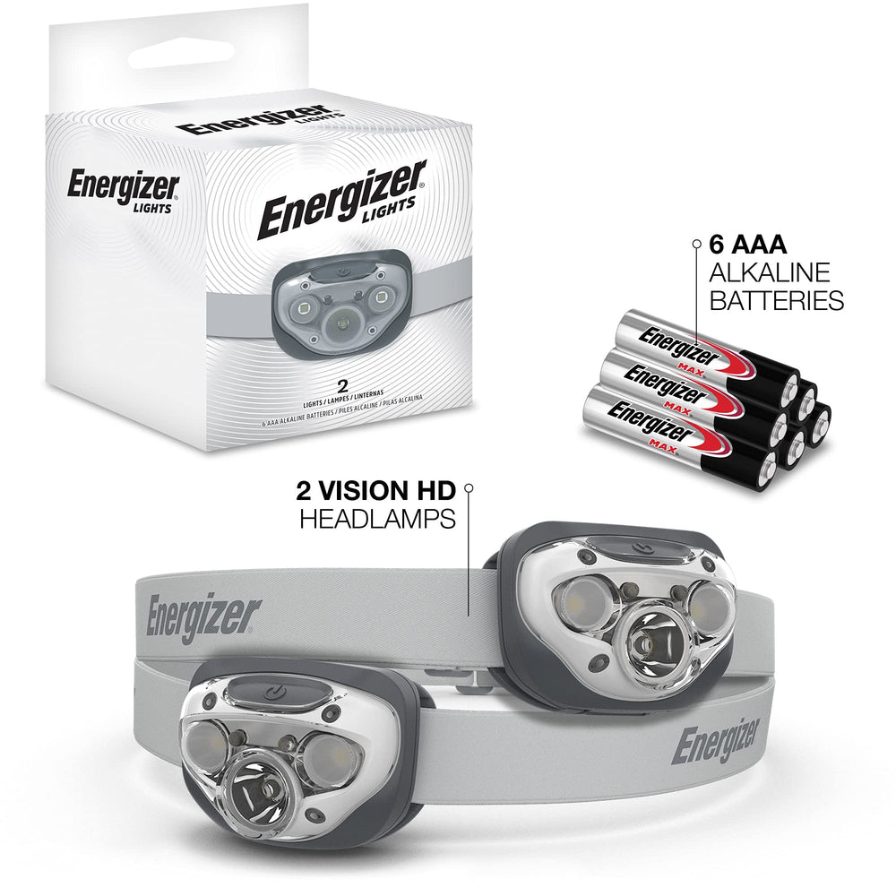 Energizer linterna frontal caja con baterías incluidas mostrando beneficio de uso inmediato