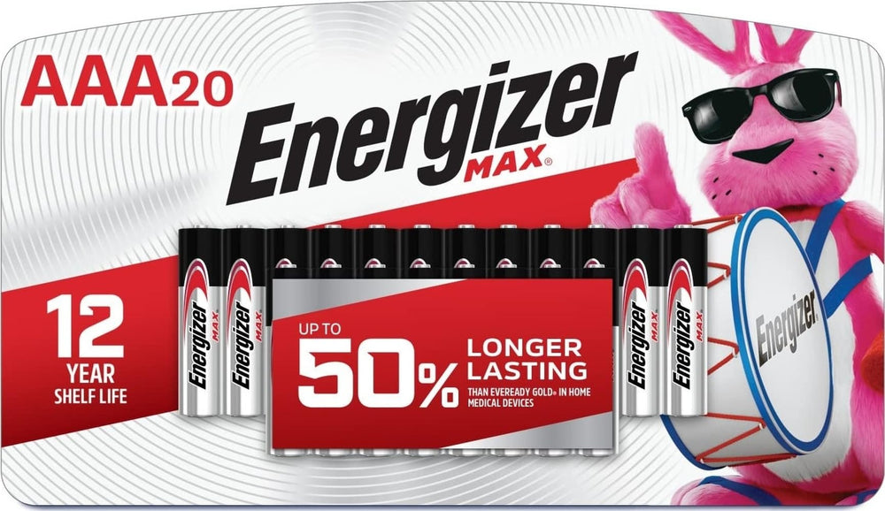 Energizer pilas MAX frontal mostrando pack de 20 y beneficio de larga duración