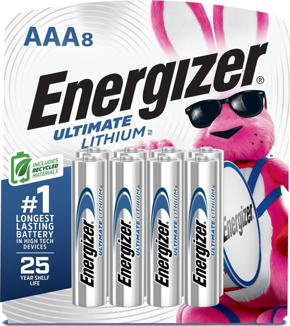 Energizer pack frontal de 8 pilas AAA mostrando presentación y ahorro