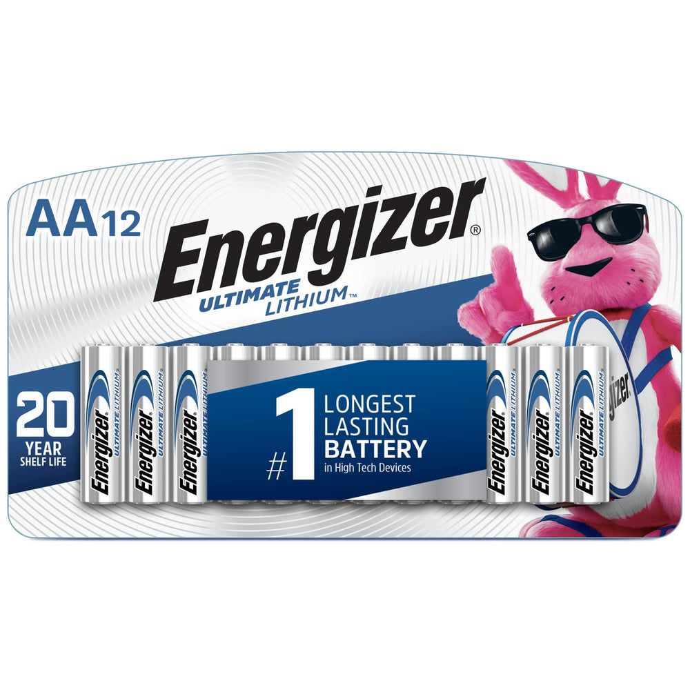 Energizer paquete frontal mostrando 12 pilas y ventaja de larga duración