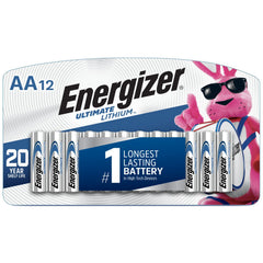 Energizer paquete frontal mostrando 12 pilas y ventaja de larga duración