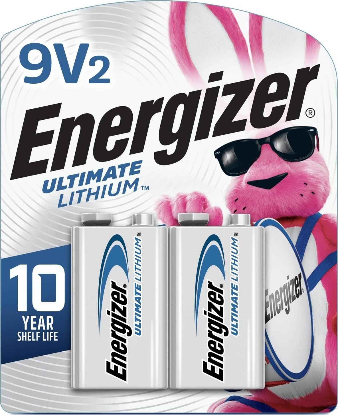 Energizer paquete frontal mostrando dos pilas 9V, mayor duración