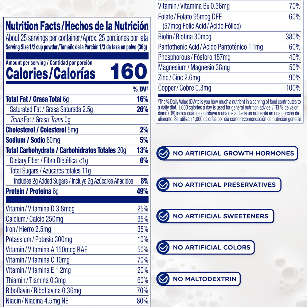 Enfagrow etiqueta con lista de ingredientes y nutrientes clave visibles
