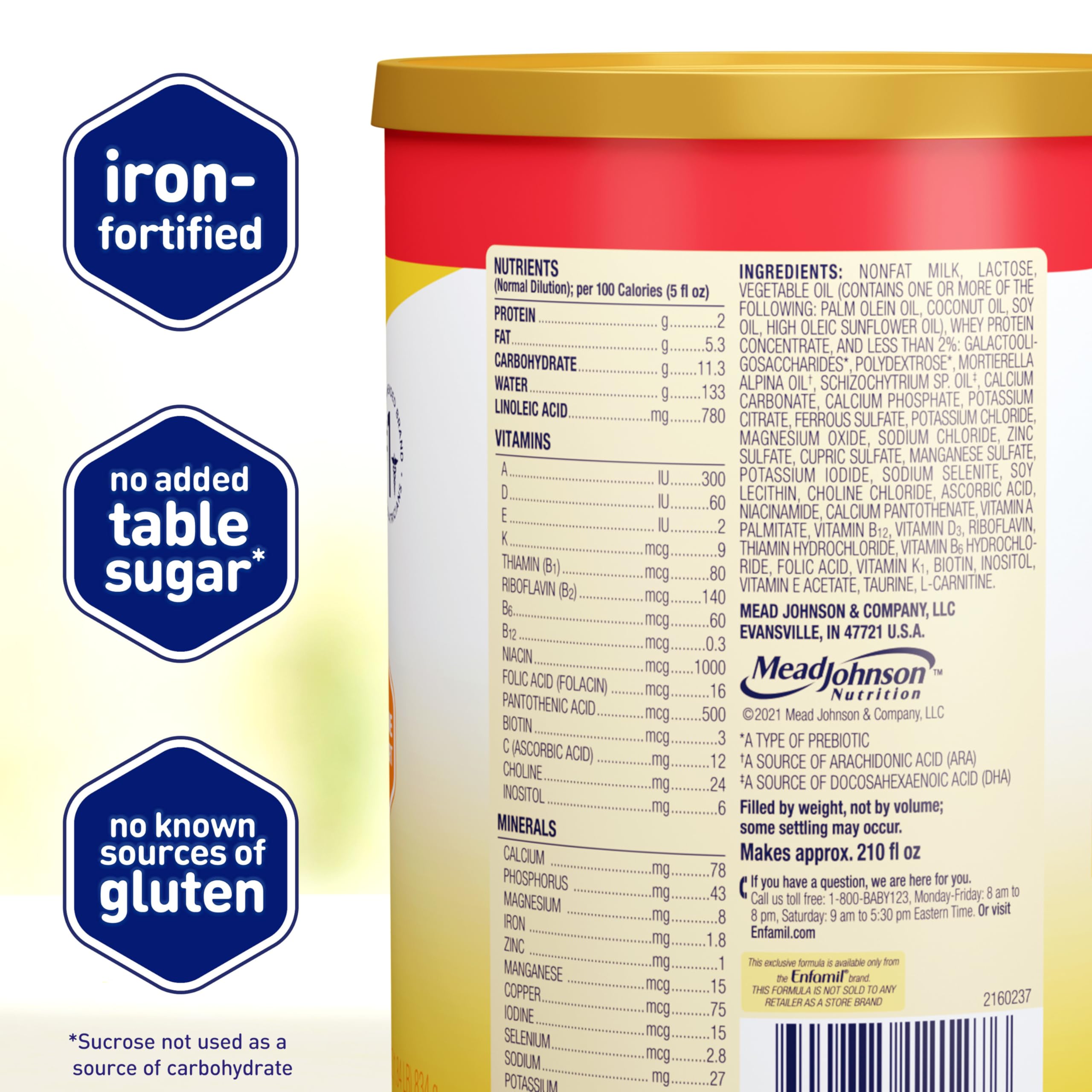 Enfamil etiqueta de ingredientes enfocada para lectura clara de componentes