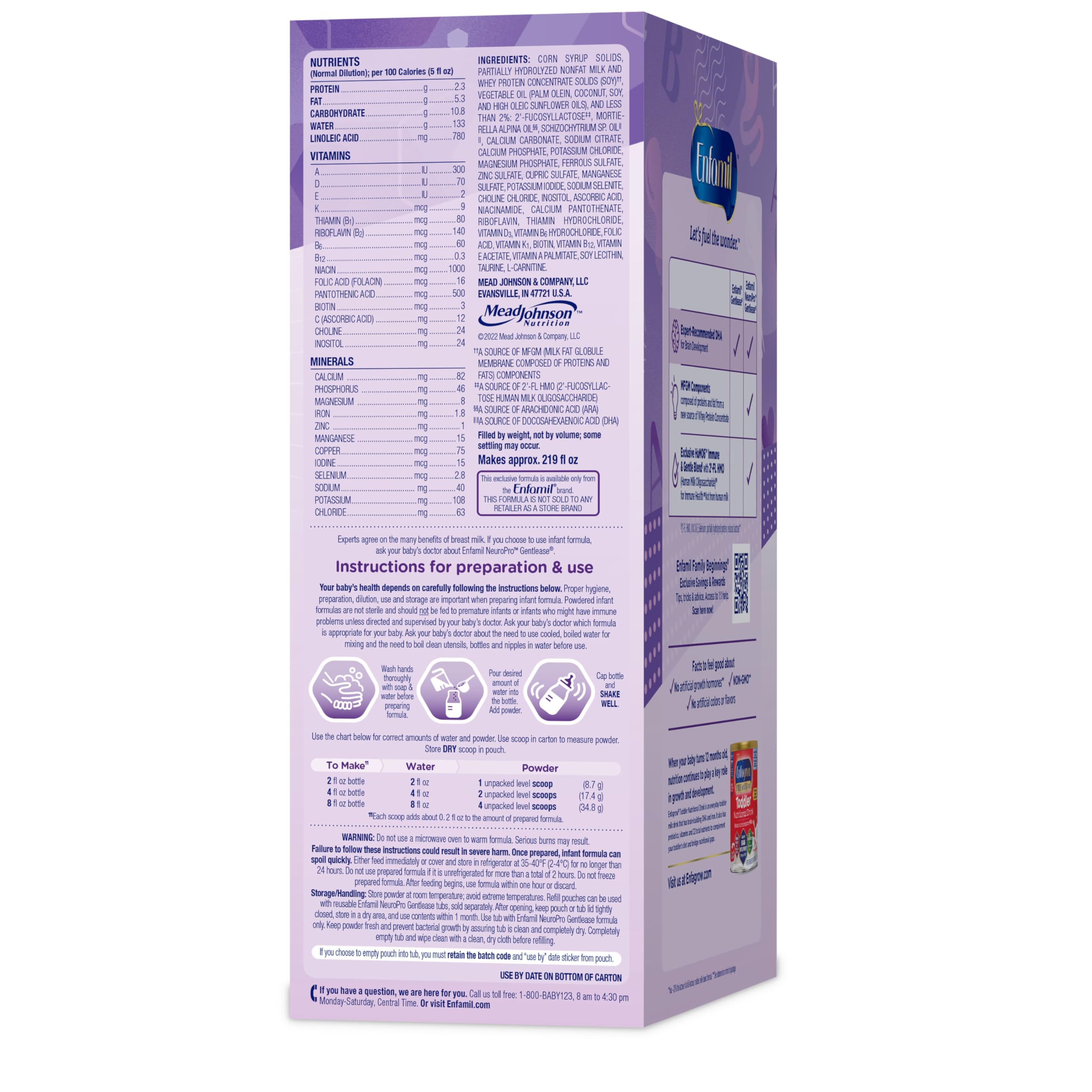 Enfamil caja abierta con cuchara, control de porciones y conveniencia