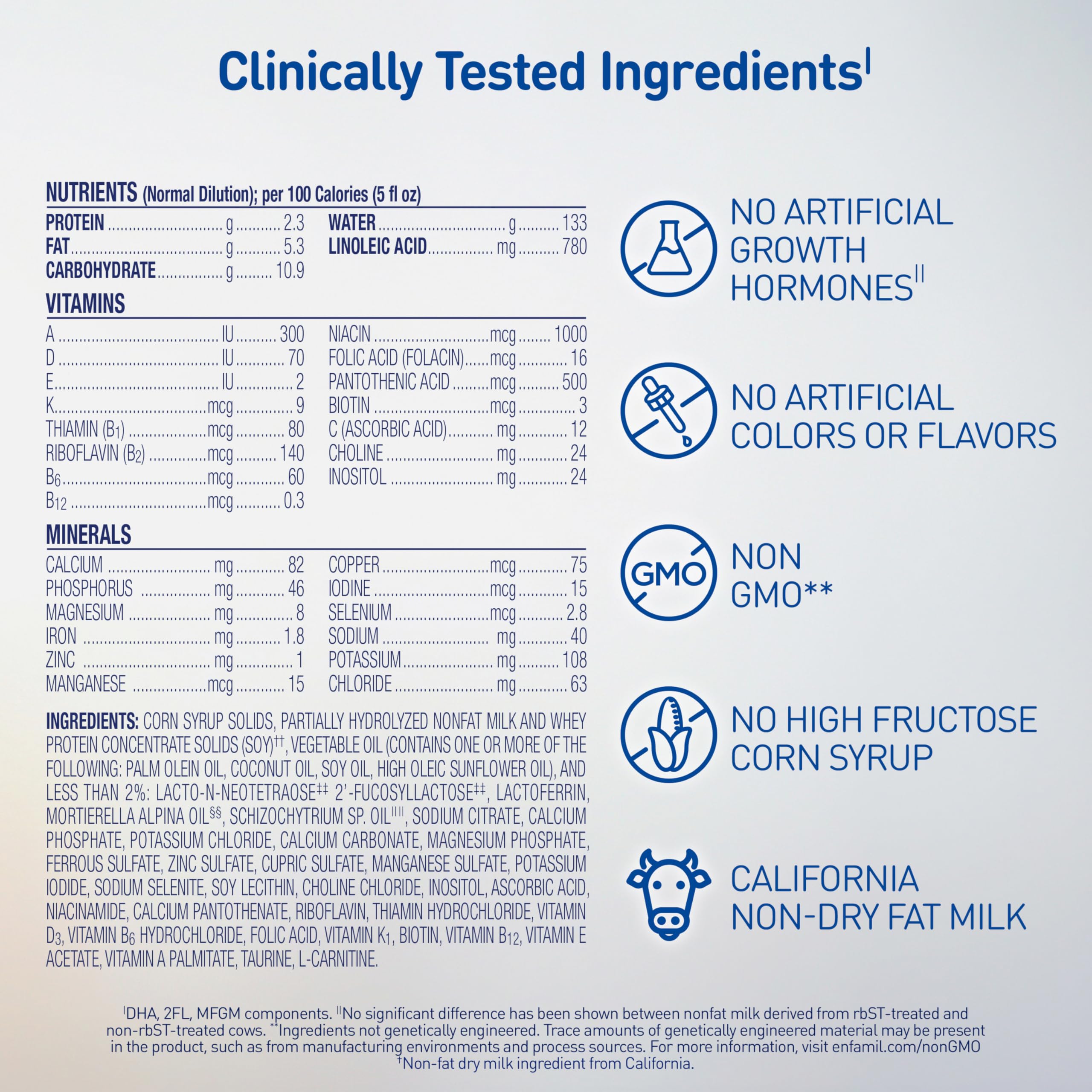 Enfamil comparativa de tamaño del envase junto a mano de bebé