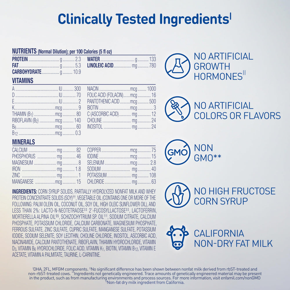 Enfamil comparativa de tamaño del envase junto a mano de bebé