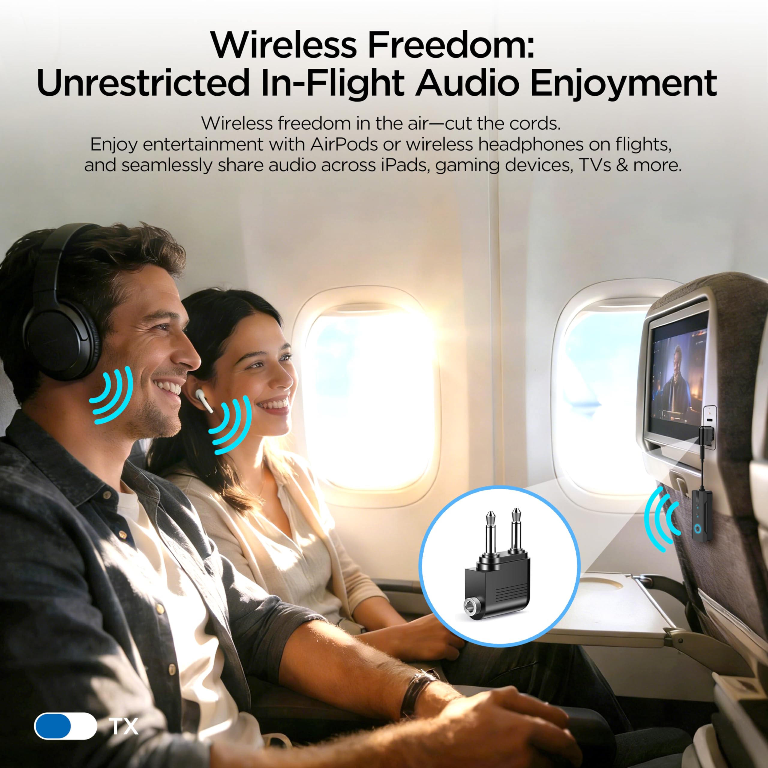 Enhanlife adaptador conectado en asiento de avión con AirPods, audio inalámbrico cómodo