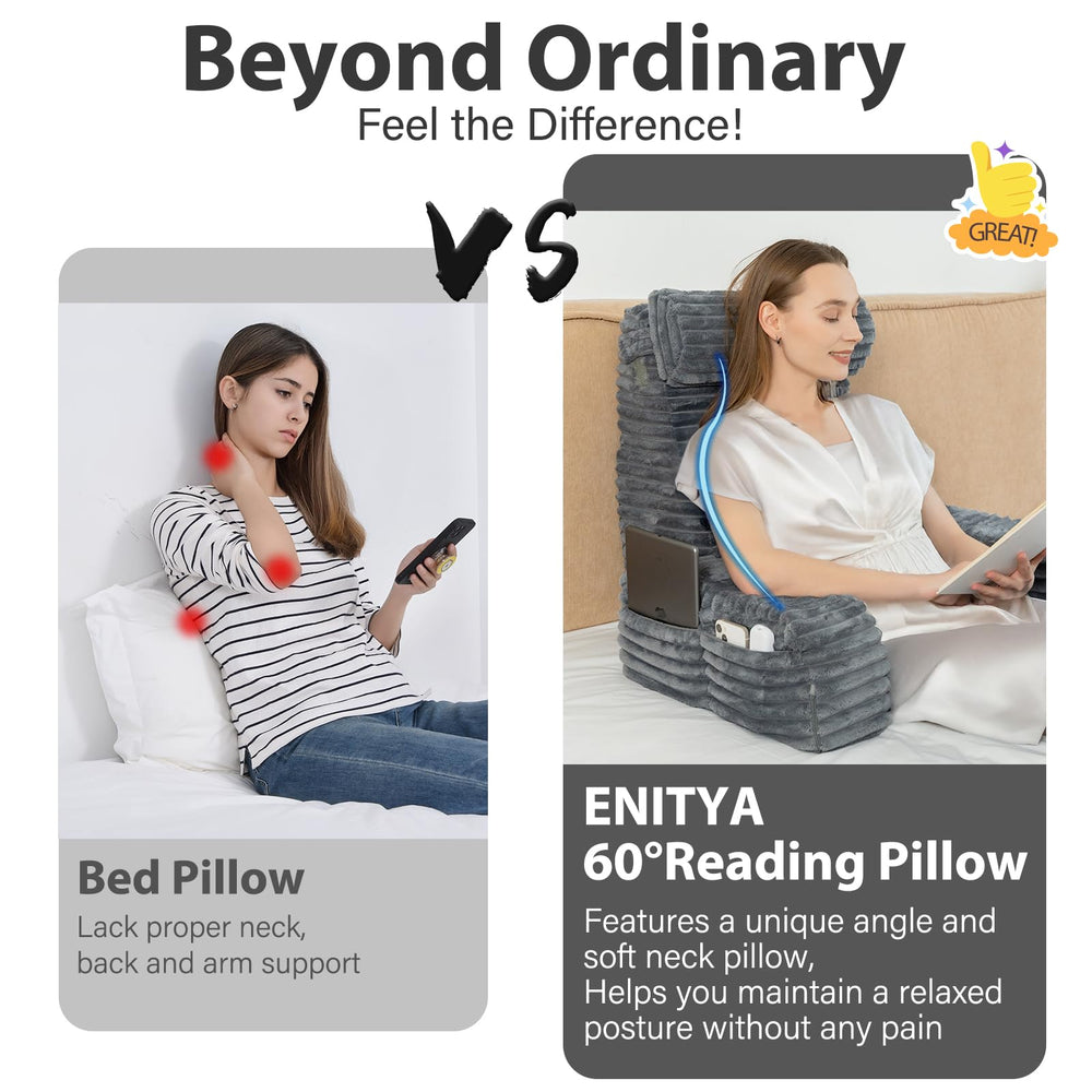 ENITYA cojín en cama con persona leyendo para mejor postura y comodidad