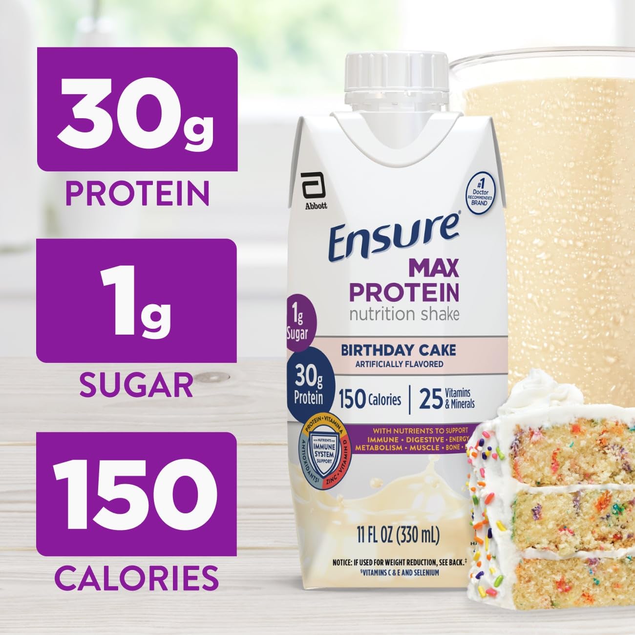 Close-up de Ensure Birthday Cake mostrando botella y facilidad de consumo