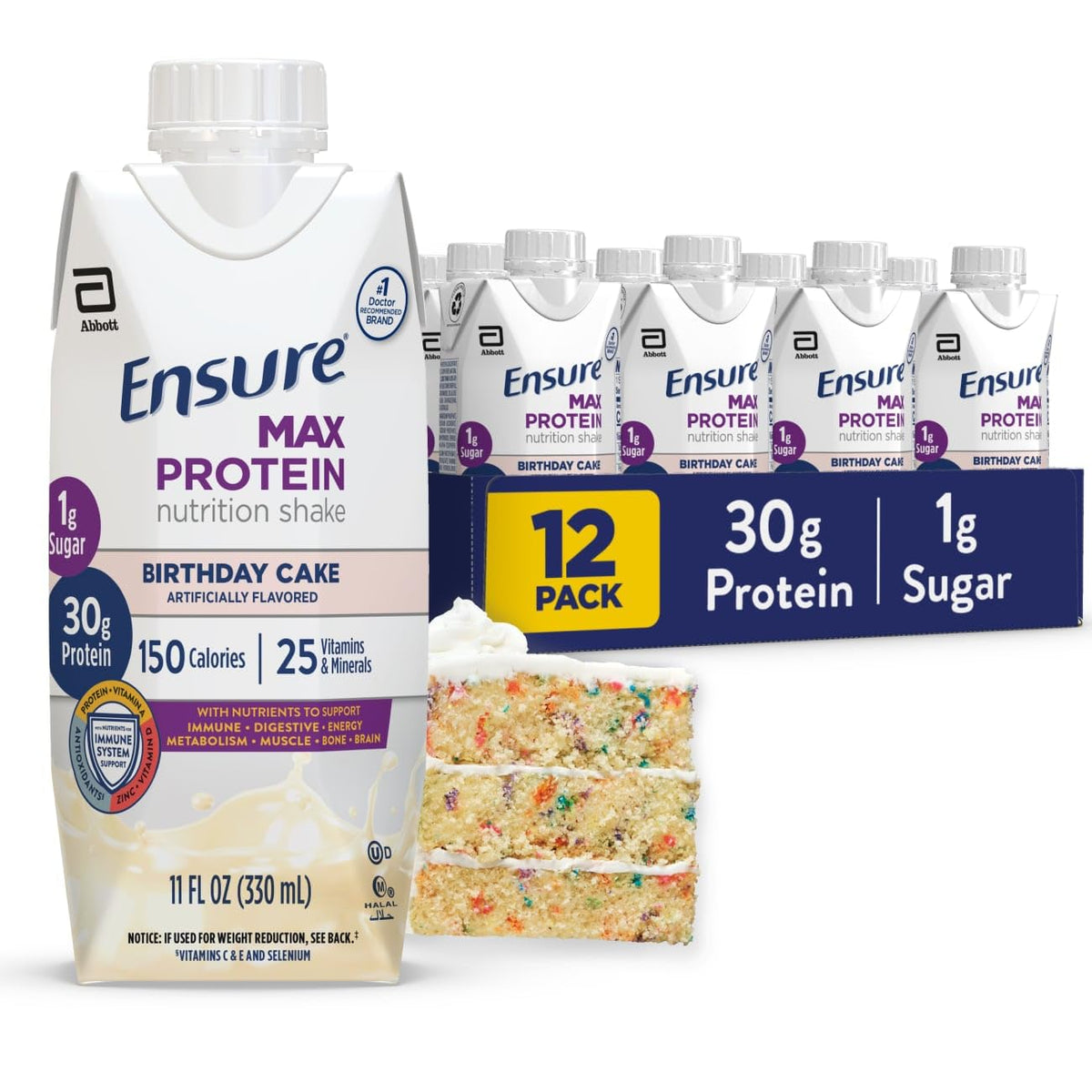Ensure botella Birthday Cake al frente mostrando diseño y beneficio práctico