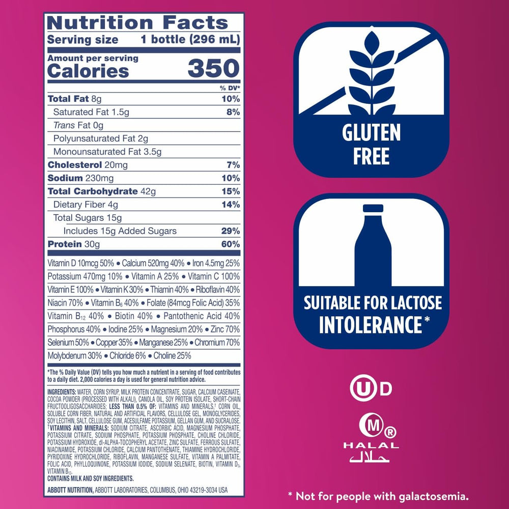Etiqueta nutricional Ensure Chocolate con 30 g proteína y 25 vitaminas