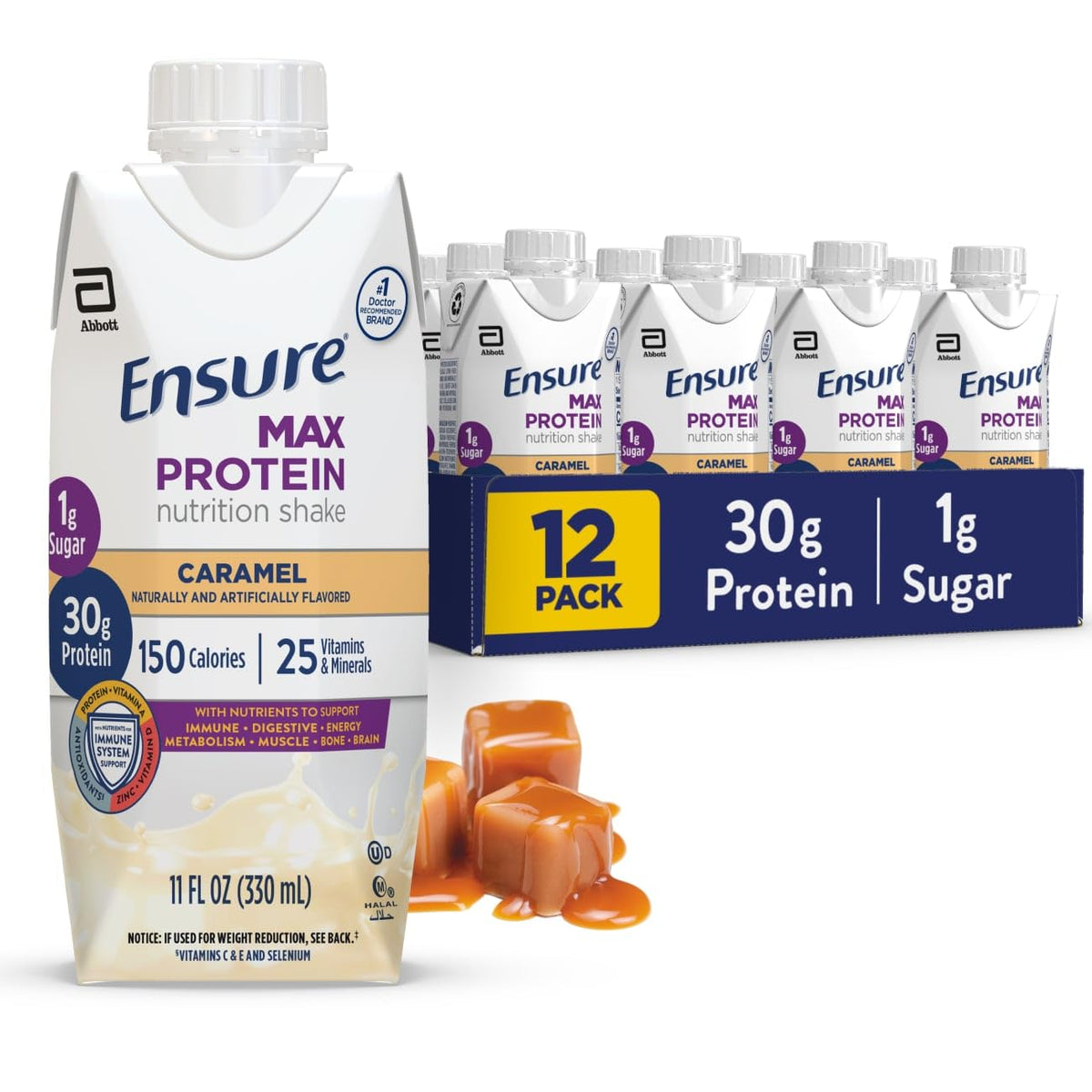 Ensure Max Protein frente del envase mostrando sabor caramelo y 30 g proteína