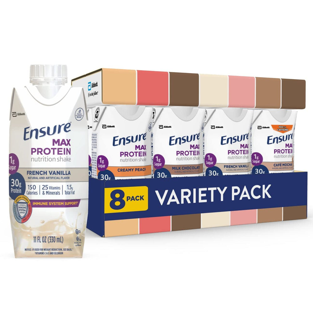 Ensure Max Protein paquete frontal mostrando variedad y conveniencia