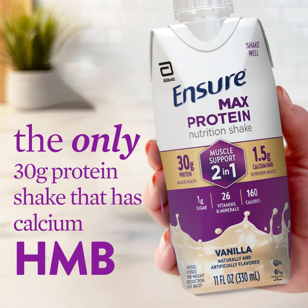 Close-up de textura del batido Ensure Max Protein vainilla mostrando cremosidad