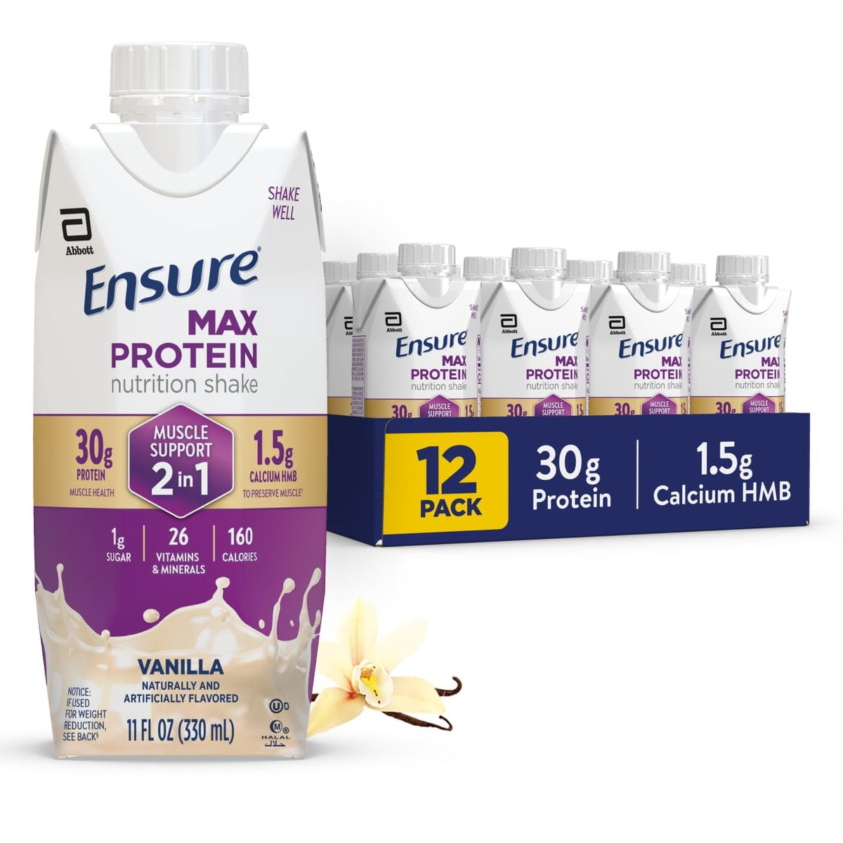 Ensure Max Protein frontal del envase mostrando sabor vainilla y beneficio proteico
