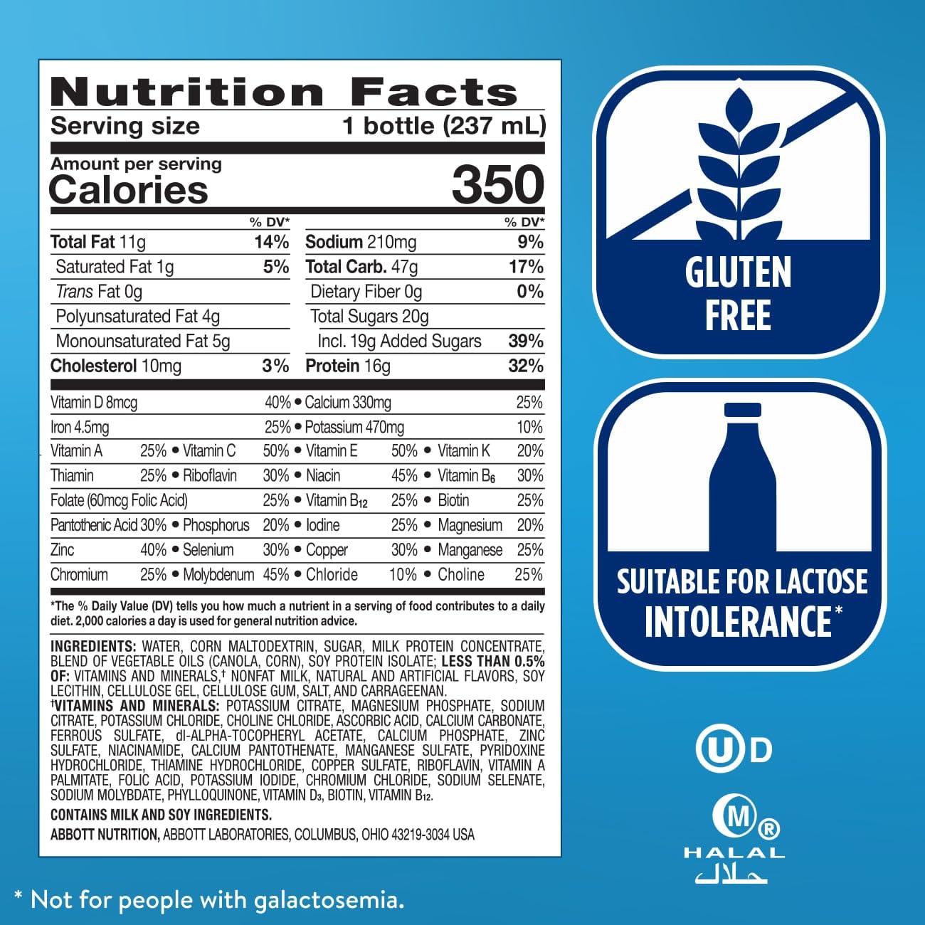 Etiqueta nutricional de Ensure Plus con vitaminas y minerales destacados