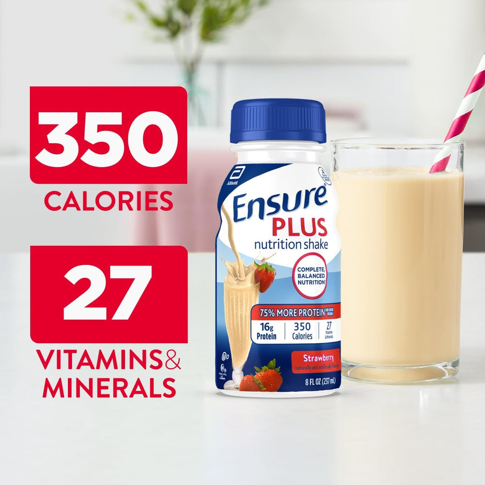 Ensure Plus fresa ingredientes en primer plano con detalle de nutrientes