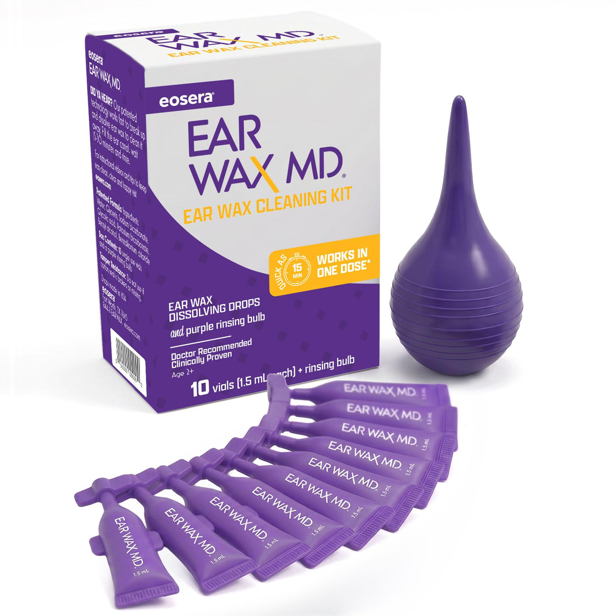 eosera Ear Wax MD empaque frontal mostrando el kit para limpieza rápida