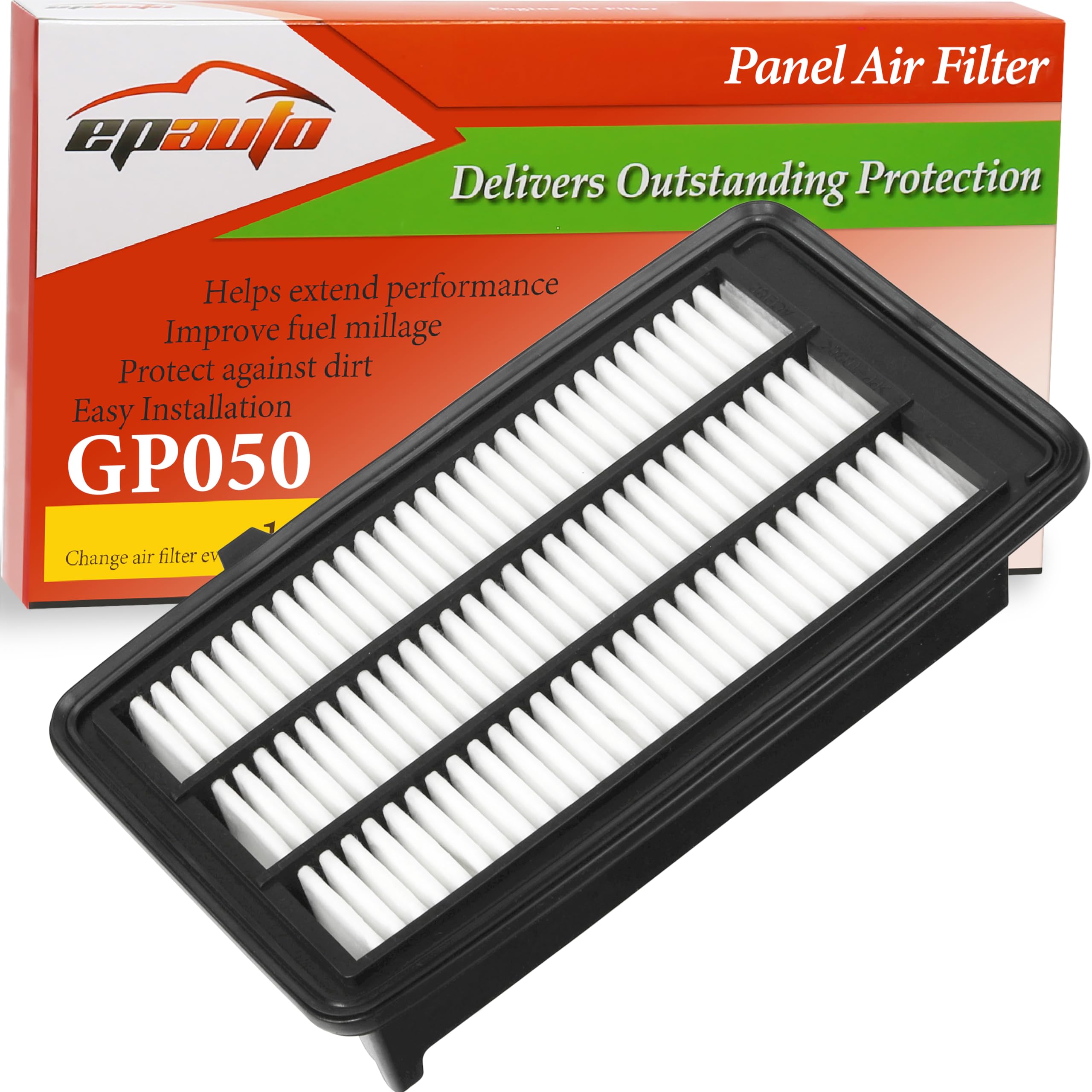 EPAuto filtro GP050 frontal del empaque mostrando compatibilidad y ajuste