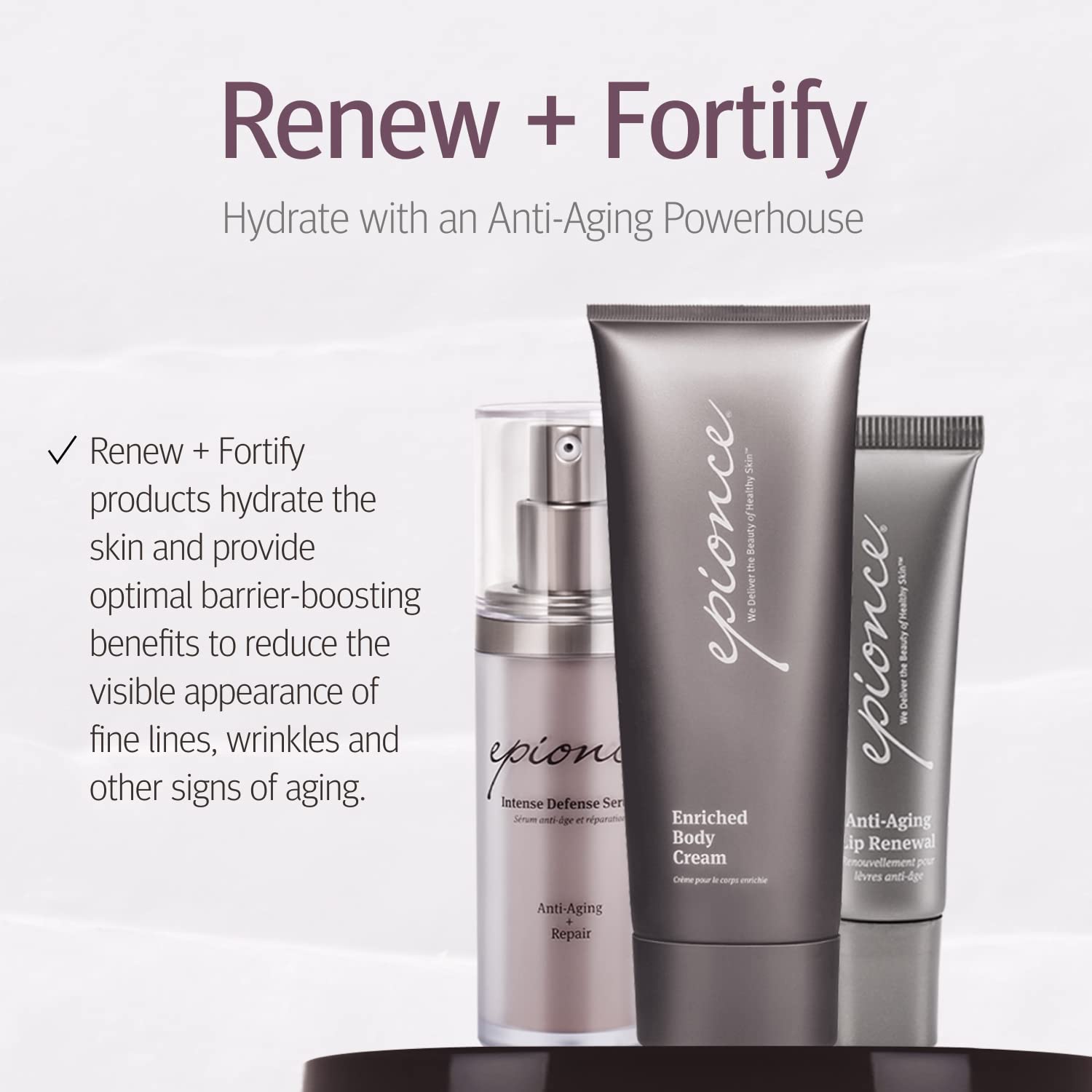 primer plano de la etiqueta Epionce Renewal Facial Lotion destacando ingredientes clave