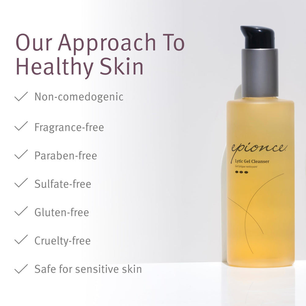 Etiqueta de Epionce Lytic Gel mostrando ingredientes clave y seguridad