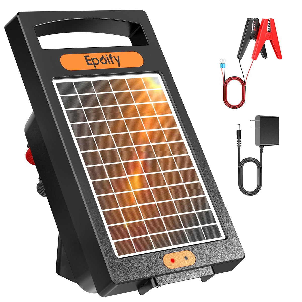 Epoify vista frontal del cargador solar mostrando controles y durabilidad