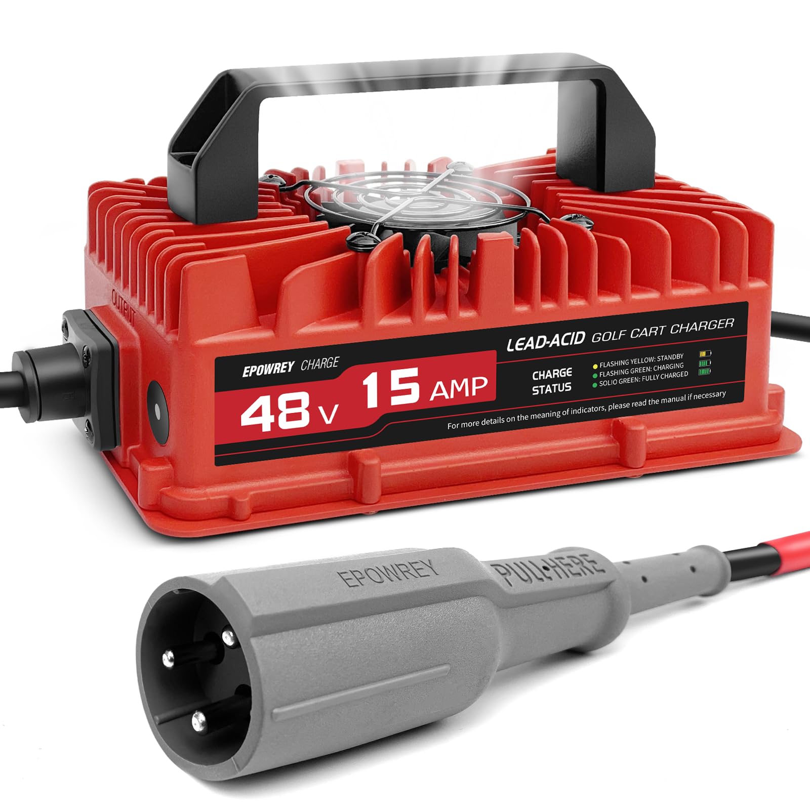 EPOWREY front view showing compact charger and clear LED indicator benefit: easy status check