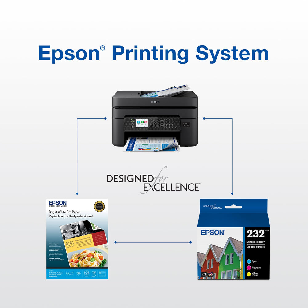Home office desk with Epson 232 cartridge in use conveying professional reliable prints