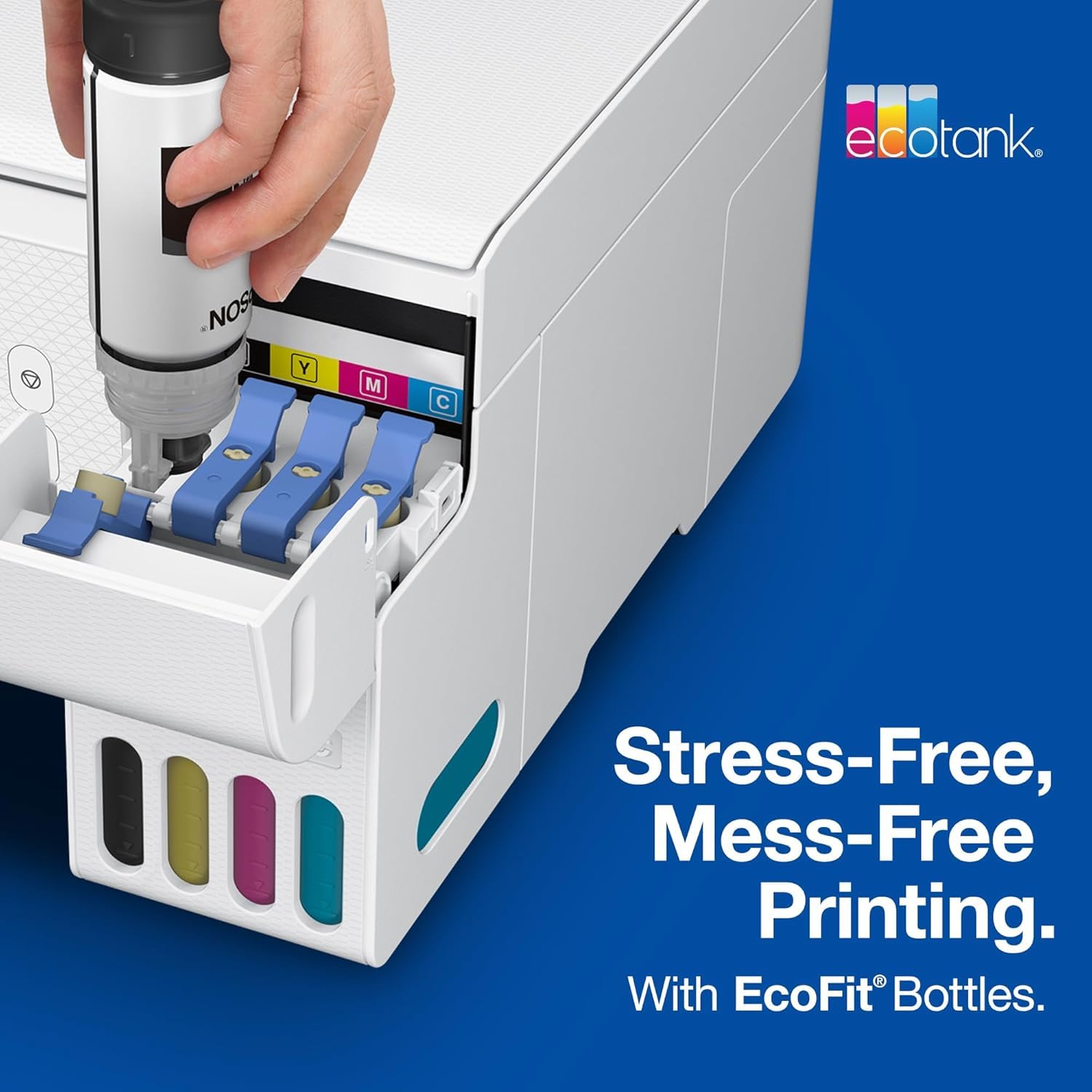 Epson ink visible in printer tank showing clear level monitoring benefit