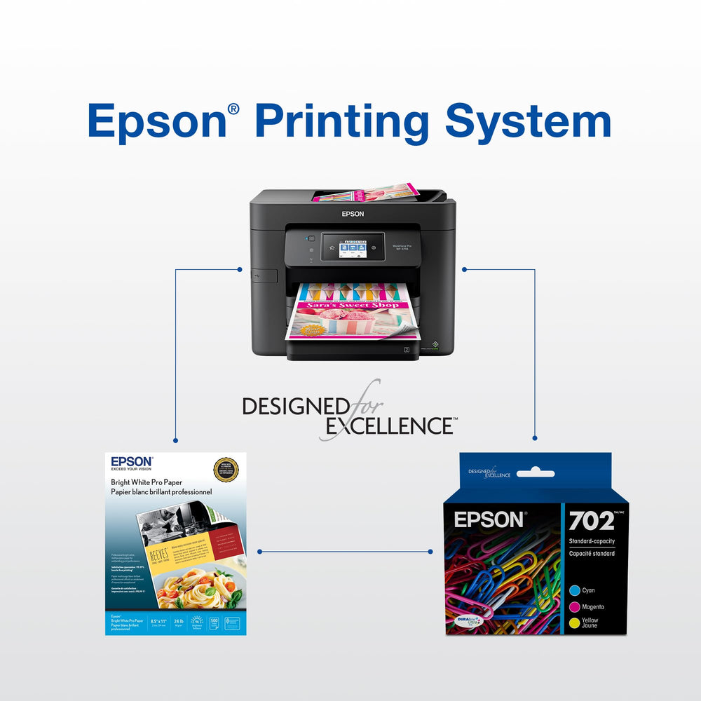 Home office scene with Epson cartridge and printer showing reliable daily printing