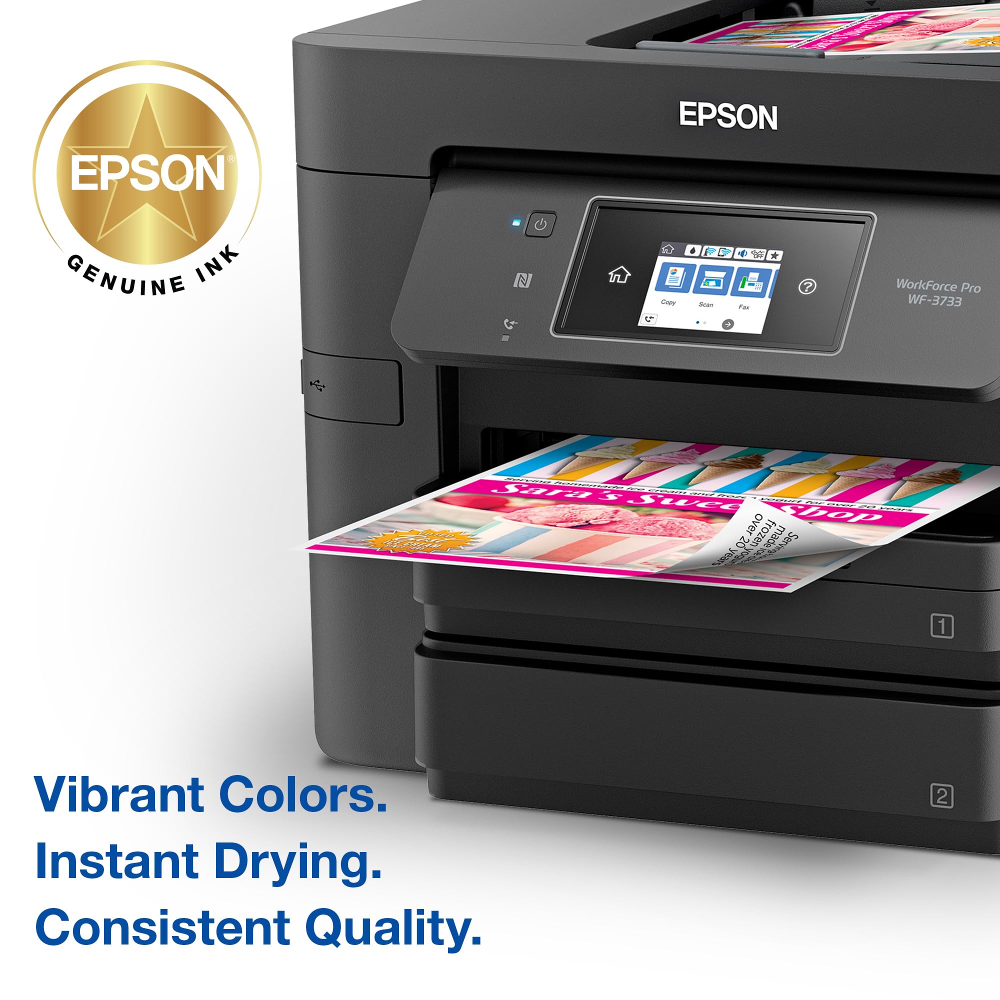 Printed document detail with Epson ink showing sharp black text and fast-dry benefit