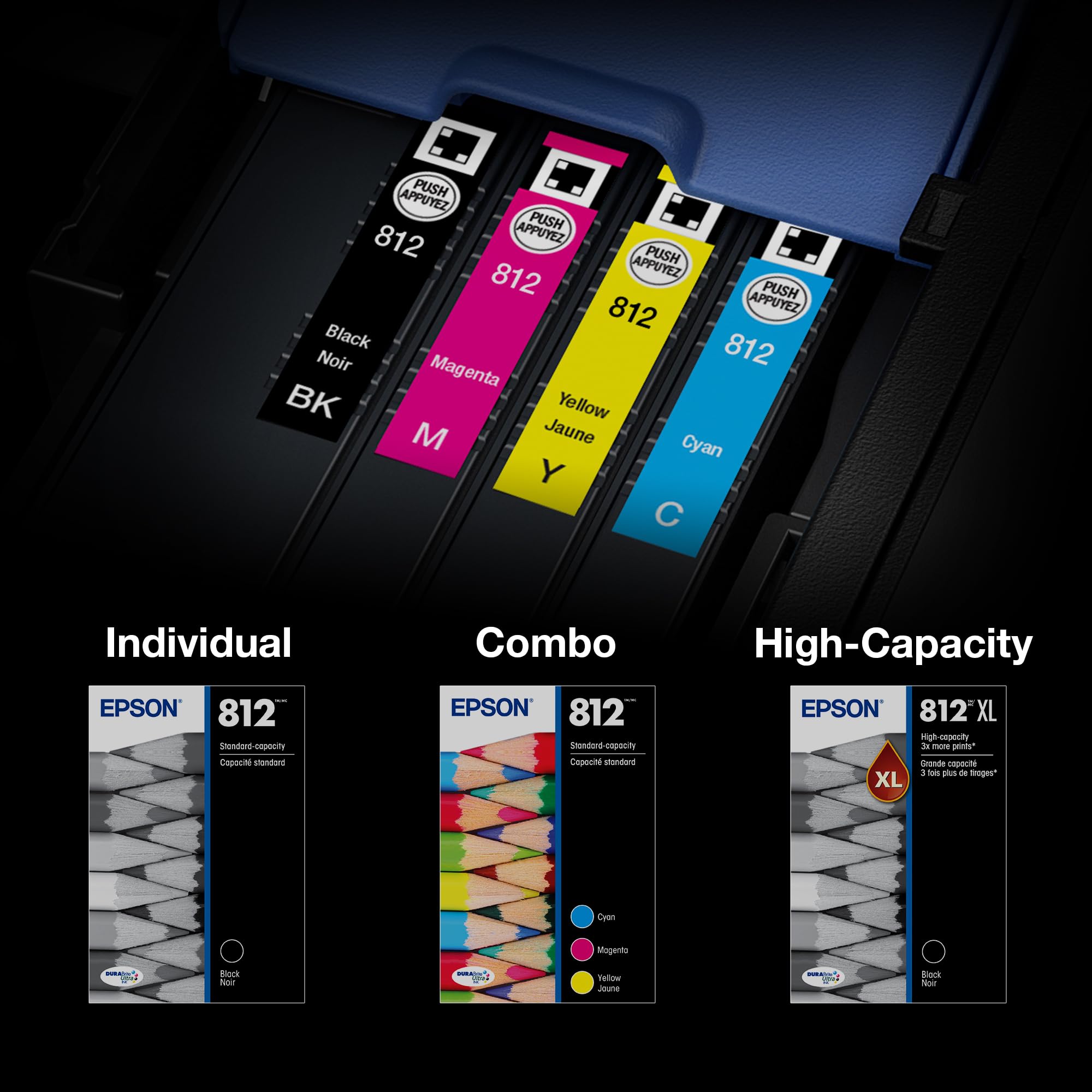 Epson 812XL junto a una regla para comparar tamaño y capacidad extendida