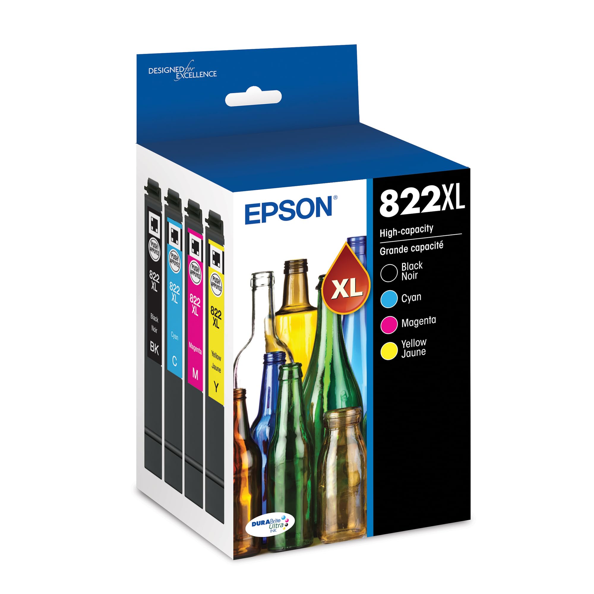 Epson 822XL embalaje frontal mostrando el pack y beneficios de rendimiento