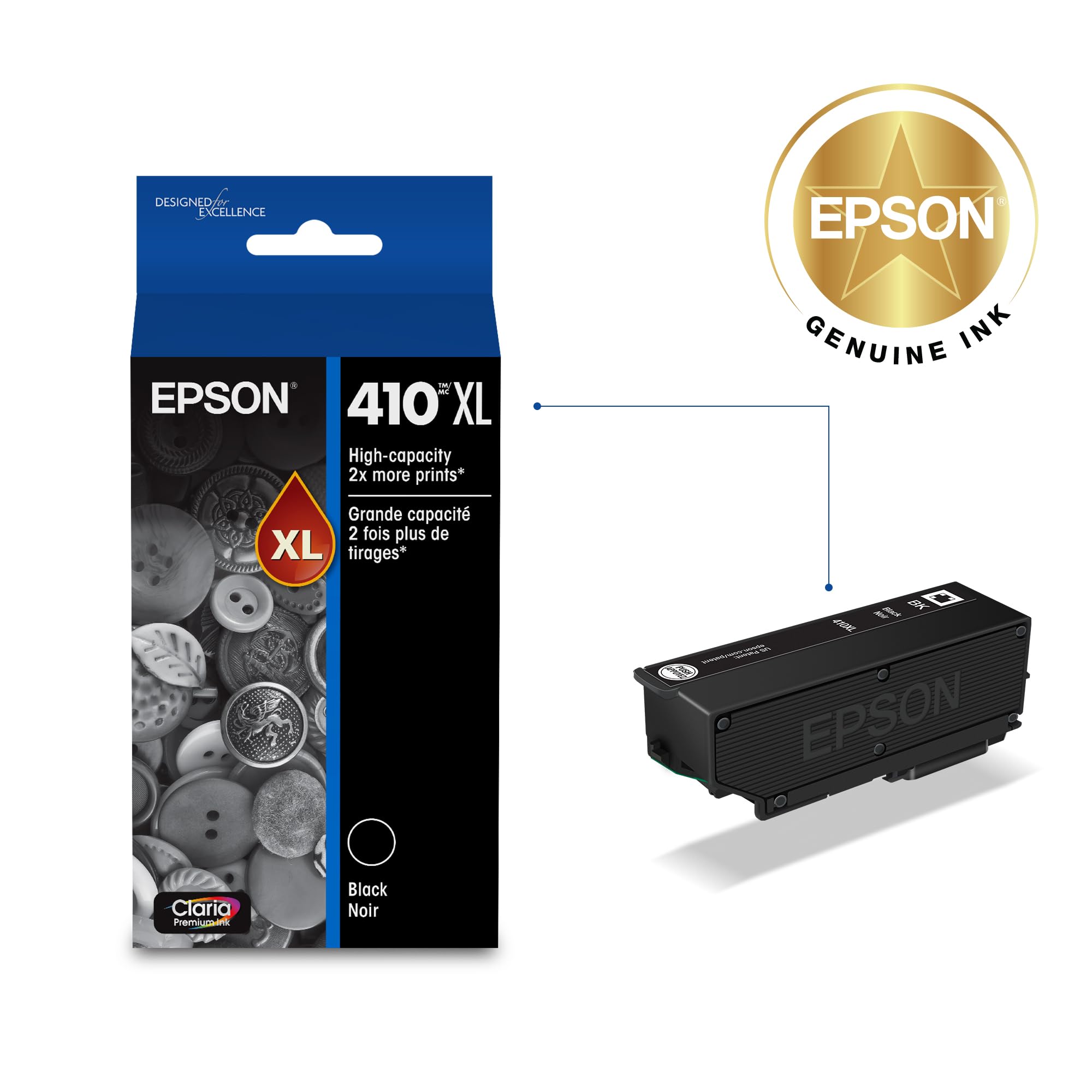 Epson cartucho 410 detalle de boquilla y sello, evita fugas y garantiza instalación segura