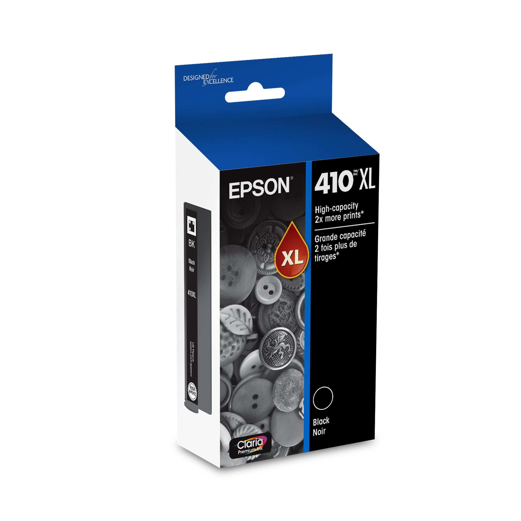 Epson cartucho 410 frontal mostrando etiqueta y compatibilidad, confianza en calidad