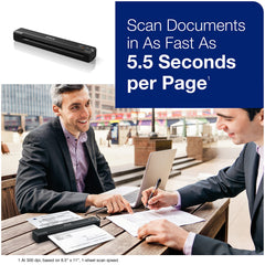 Epson ES-50 comparación de tamaño junto a una libreta para contexto de escala