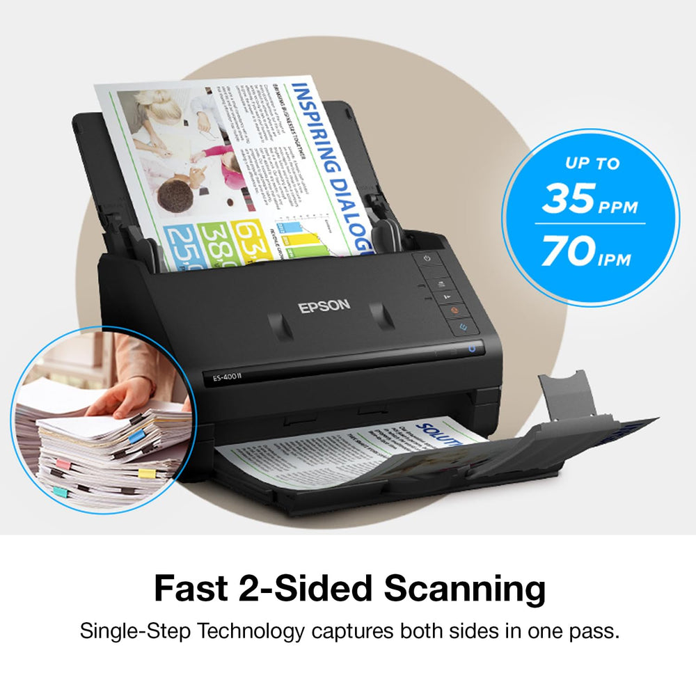 Epson ES-400 II escaneando a doble cara en una sola pasada para ahorrar tiempo
