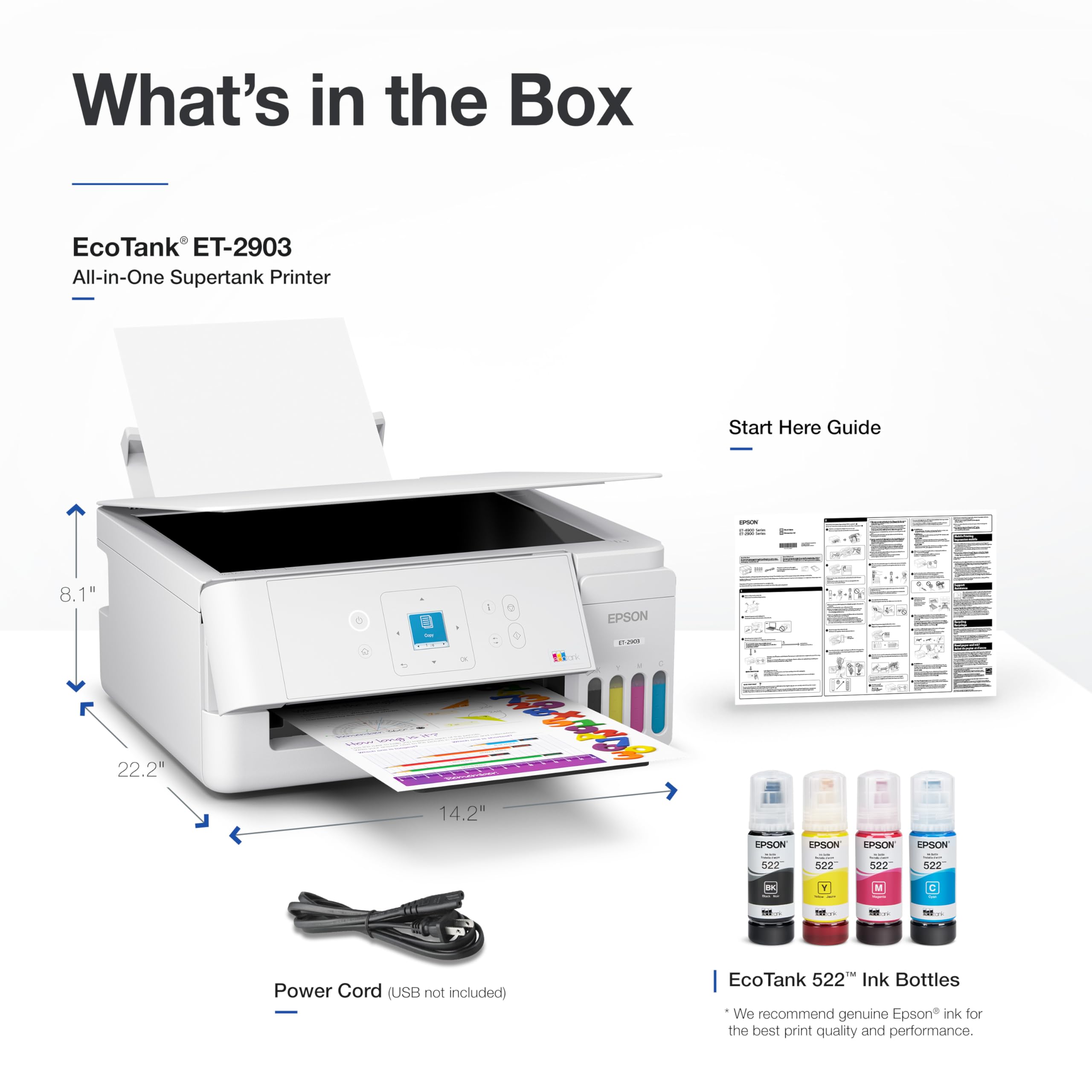 Epson ET-2903 bandeja de 100 hojas demostrando tamaño y capacidad