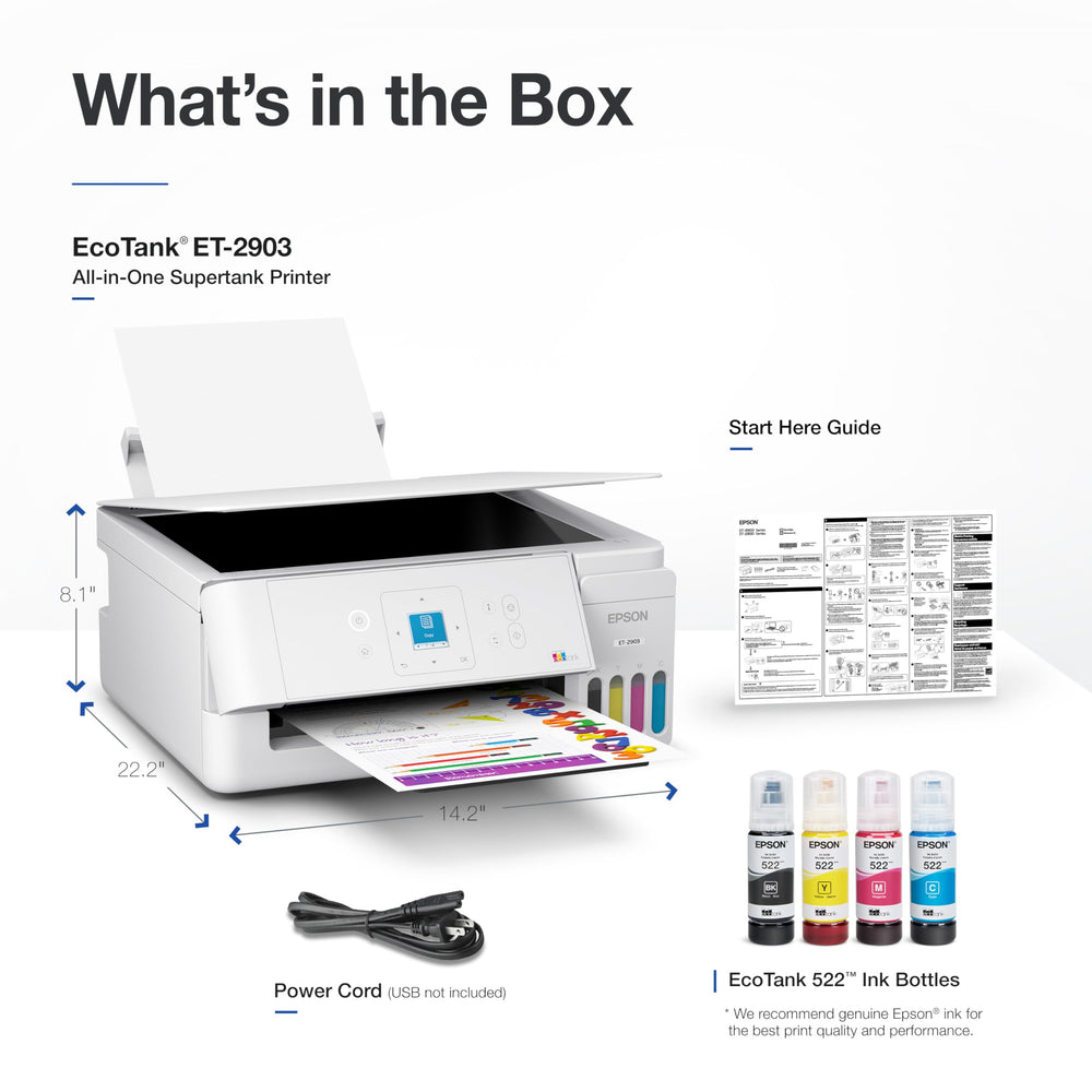 Epson ET-2903 bandeja de 100 hojas demostrando tamaño y capacidad
