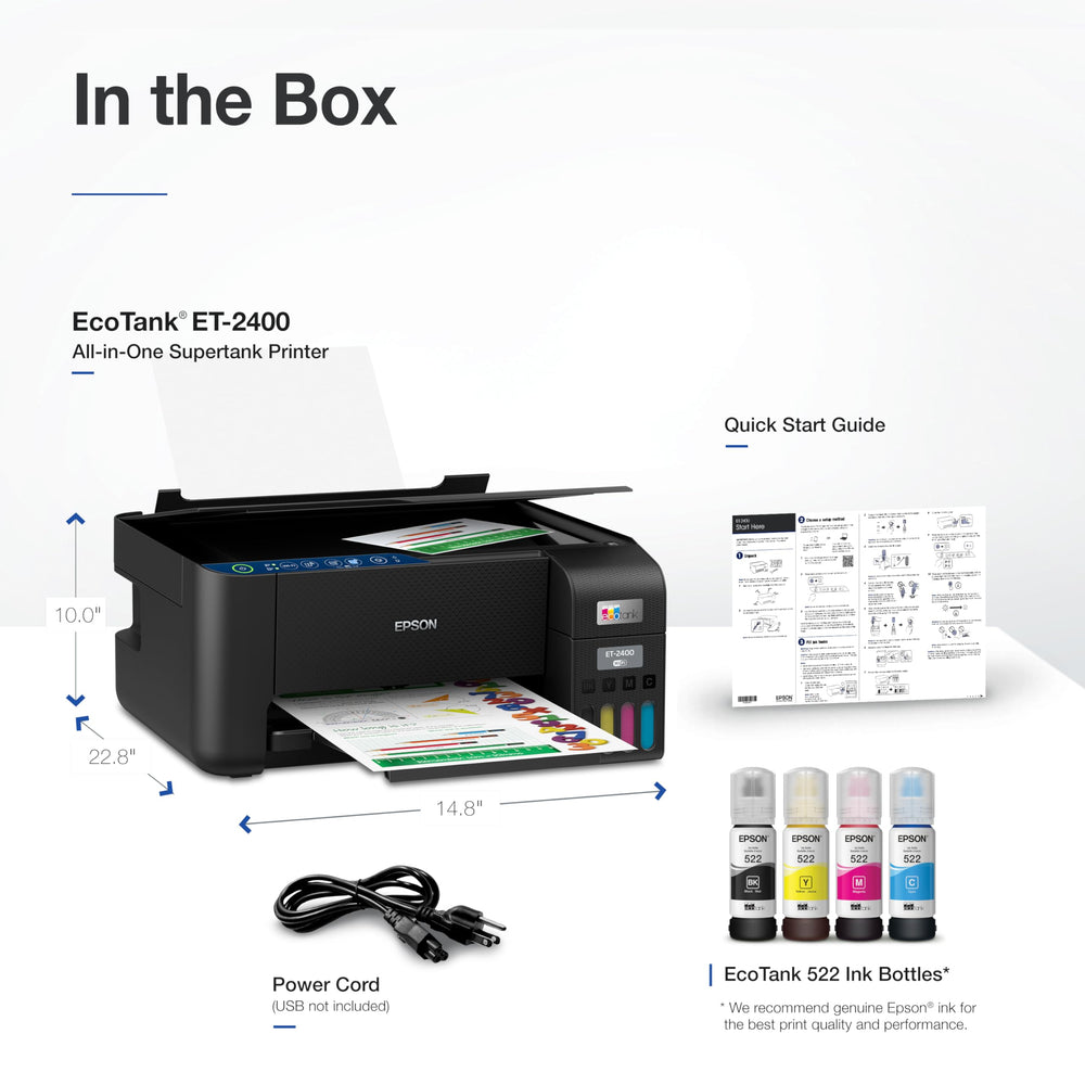 Epson ET-2400 en ambiente doméstico junto a laptop, conectividad inalámbrica práctica