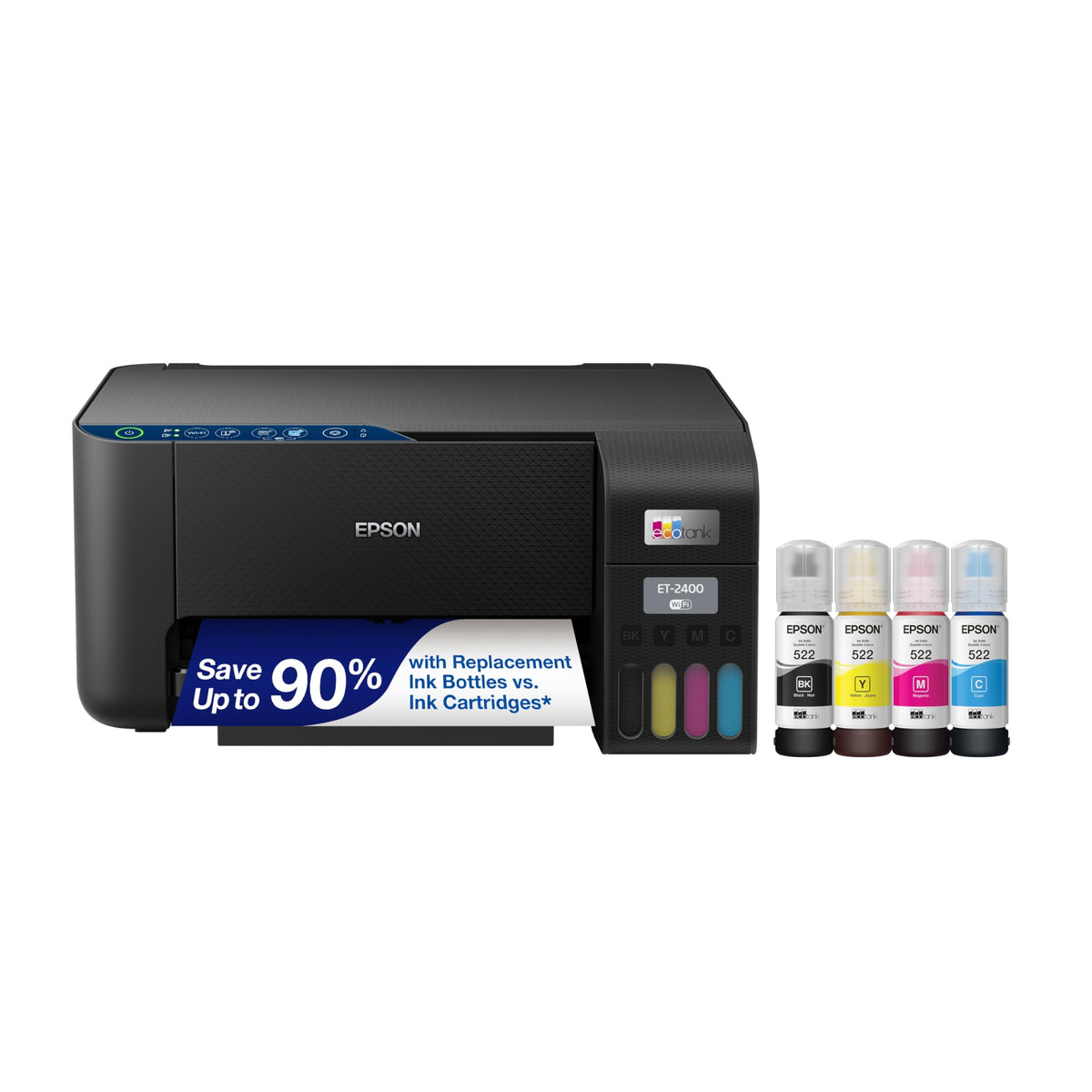 Epson ET-2400 frontal mostrando diseño compacto y panel de control, ahorro de espacio