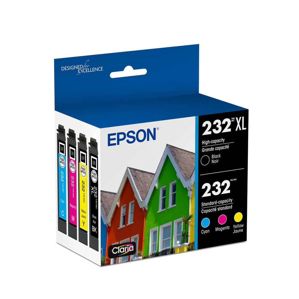 Epson paquete frontal T232XL-BCS mostrando cartuchos y beneficio calidad
