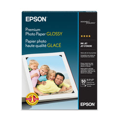 Epson paquete frontal del papel Premium Photo Paper Glossy mostrando diseño y cantidad; alta calidad visible