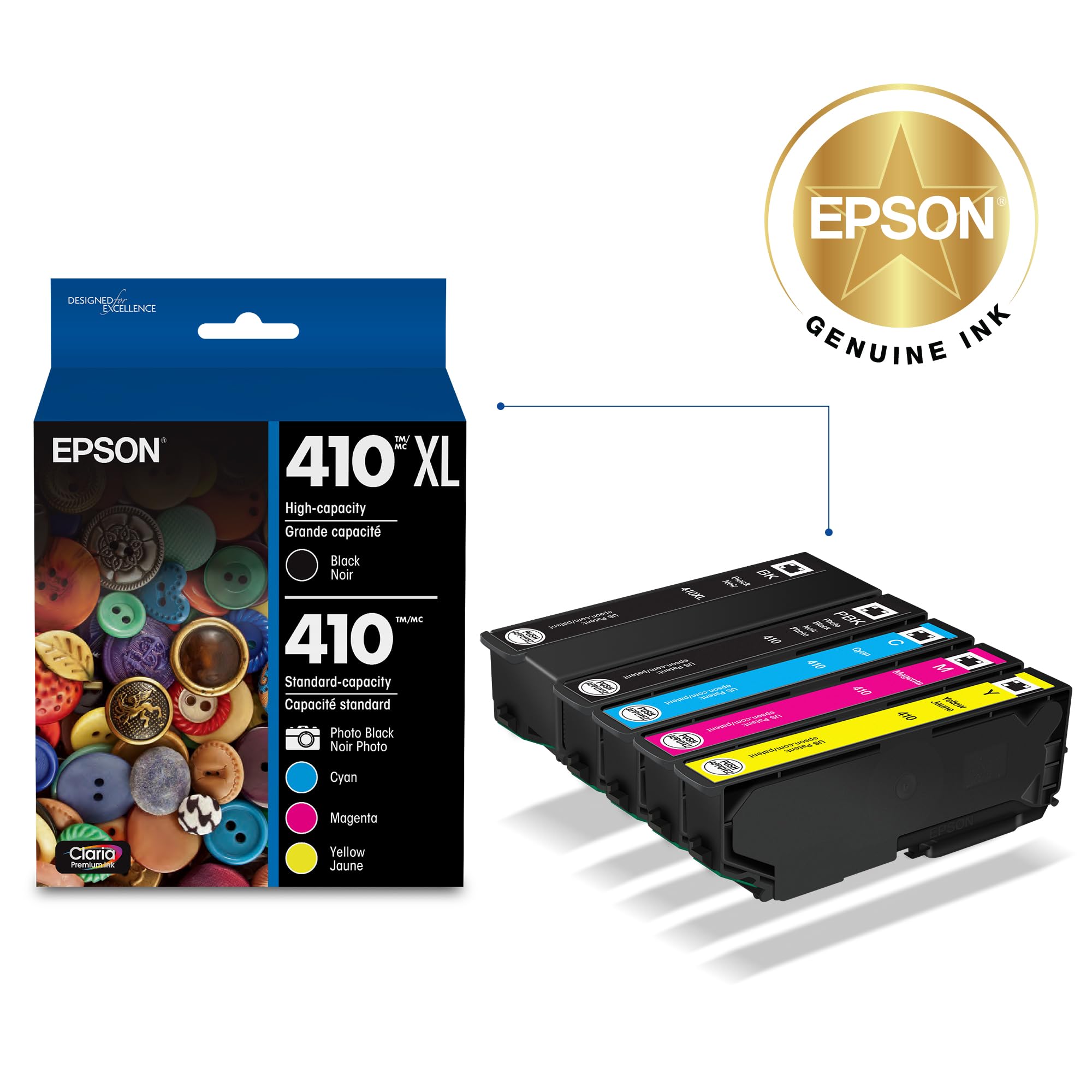 Epson cartuchos desplegados mostrando negro y colores, preparación para imprimir