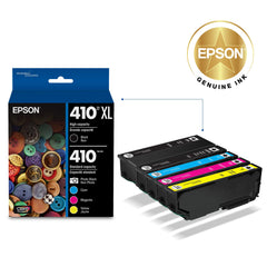 Epson cartuchos desplegados mostrando negro y colores, preparación para imprimir